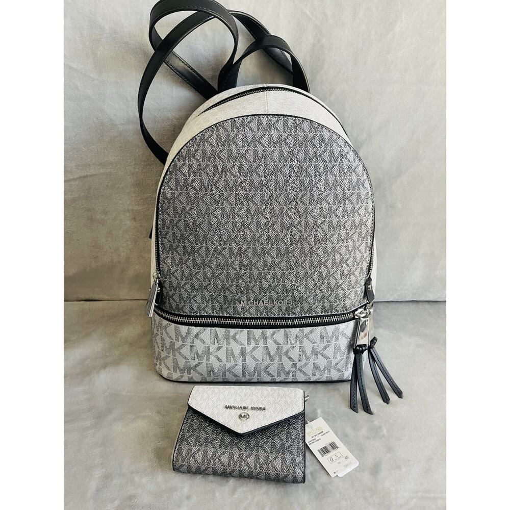 NWT Michael Kors Rhea Medium Colorblock Signature Logo Backpack & Trifold Wallet